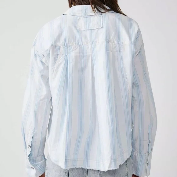 We The Free Button Down Striped Light Blue White Kelia Trapeze Boho Shirt Medium - Picture 4 of 16